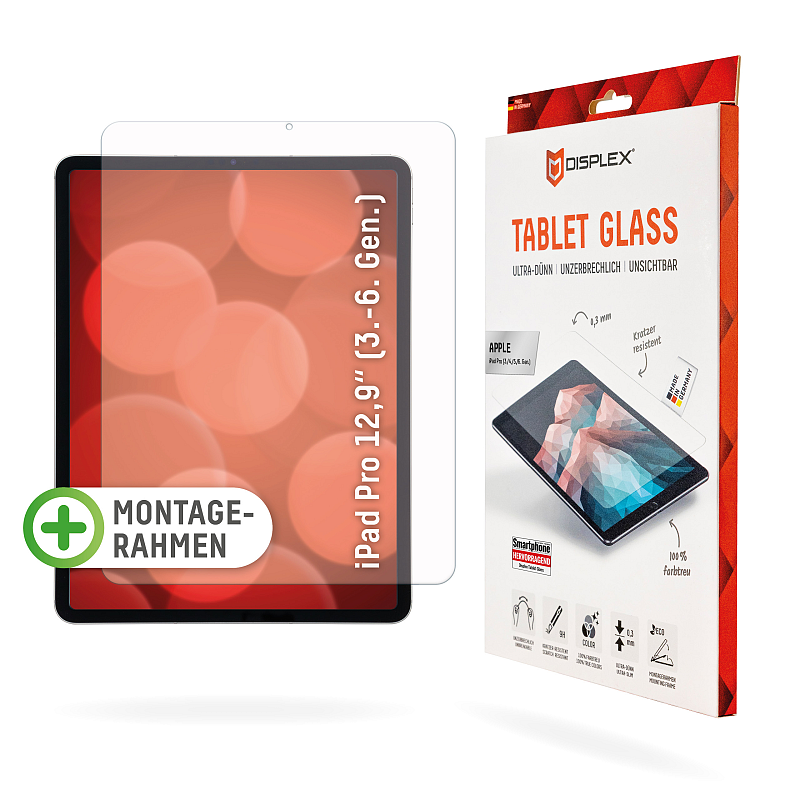 Displex Tablet Glass (9H) für iPad Pro 12,9'' (3./4./5./6. Gen.), Eco-Montagerahmen L-Form, unzerbrechlich, ultra-dünn, unsichtbar