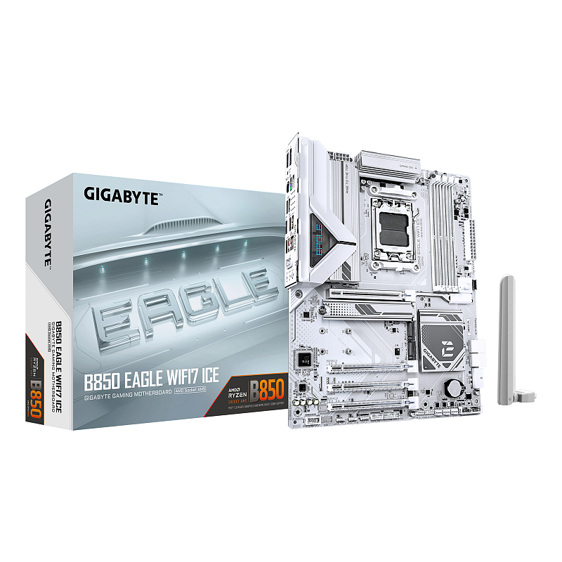 GIGABYTE B850 EAGLE WIFI7 ICE Mainboard – AMD Ryzen 9000 Serie Prozessoren, digitales 8+2+2 Phasen VRM, bis zu 8200 MHz DDR5 (O.C.), 1x PCIe 5.0 + 2x PCIe 4.0 M.2, Wi-Fi 7, 2.5 GbE LAN, USB 3.2 Gen 2