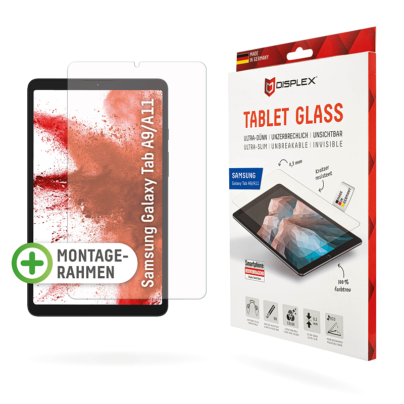 Displex Tablet Glass (9H) für Samsung Galaxy Tab A11/A9, Eco-Montagerahmen L-Form, unzerbrechlich