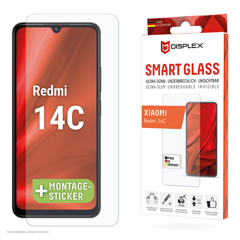 Displex Smart Glass (9H) für Xiaomi Redmi 14C, Montagesticker, unzerbrechlich