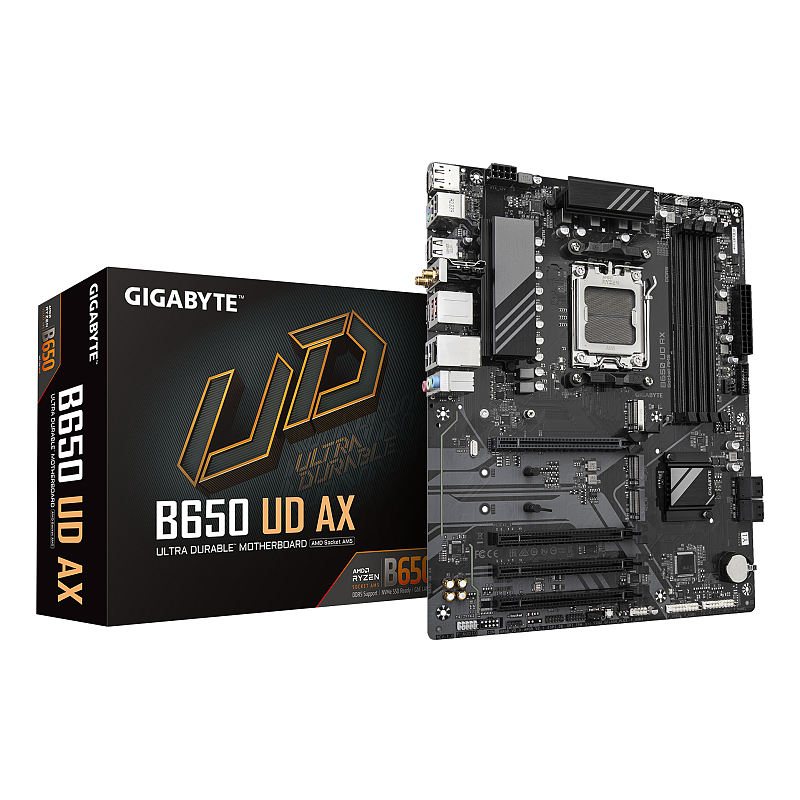 GIGABYTE B650 UD AX Motherboard - Unterstützt AMD Ryzen 9000 Serie CPUs, 6+2+2 Phasen VRM, bis zu 7600MHz DDR5 (OC), 1x PCIe 5.0 + 2x PCIe 4.0 M.2, GbE LAN, Wi-Fi 6, USB 3.2 Gen 2