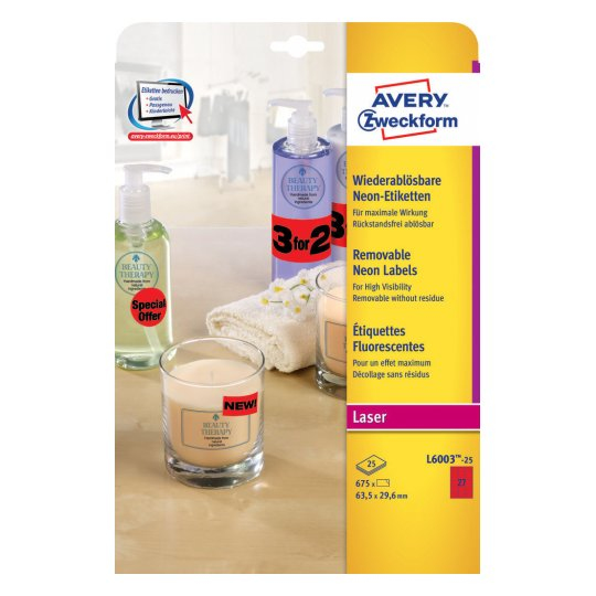 Avery L6003-25 selbstklebendes Etikett Abgerundetes Rechteck Entfernbar Rot 675 Stück(e)