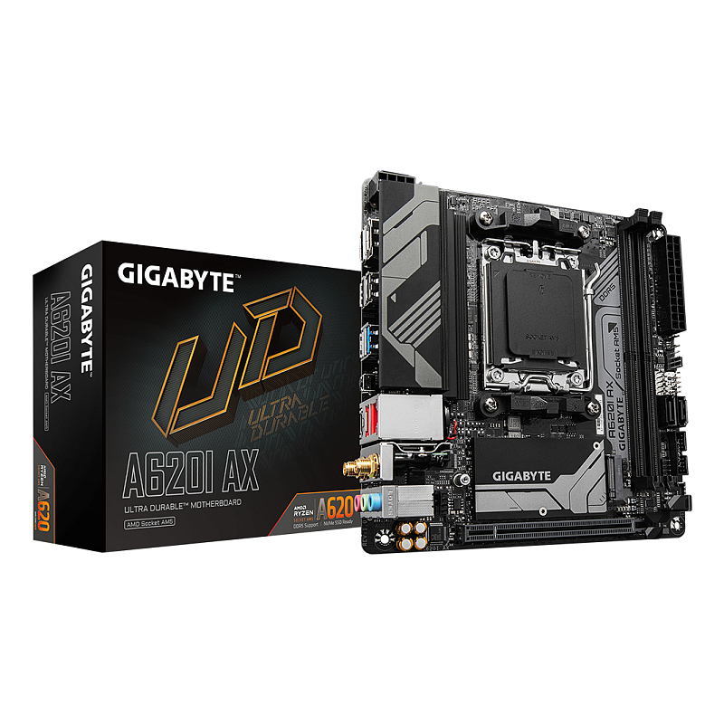 GIGABYTE A620I AX Motherboard - Unterstützt AMD Ryzen 8000 CPUs, 5+2+1 Phasen Digital VRM, bis zu 6400MHz DDR5 (OC), 1xPCIe 4.0 M.2, Wi-Fi 6E, 2.5GbE LAN, USB 3.2 Gen 2