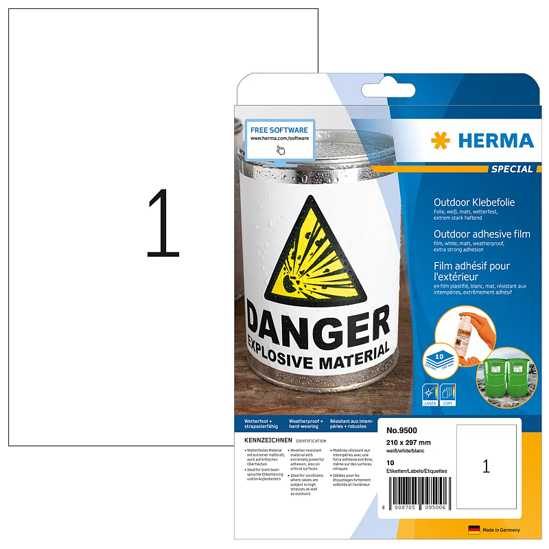HERMA Etiketten A4 Outdoor Klebefolie 210x297 mm weiß extrem stark haftend Folie matt wetterfest 10 St.