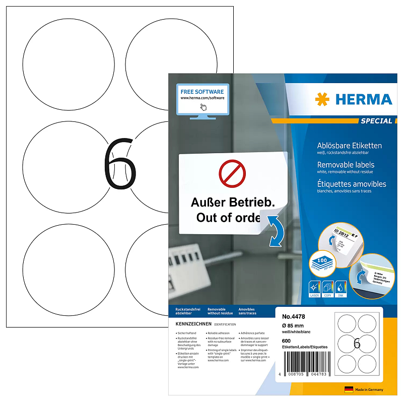 HERMA Ablösbare Etiketten A4 Ø 85 mm rund weiß Movables/ablösbar Papier matt 600 St.