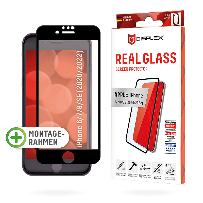 Displex Full Cover Panzerglas (10H) für Apple iPhone 6/7/8/SE (2020/2022), Eco-Montagerahmen, volle Displayabdeckung, Tempered Glas, kratzer-resistente Schutzfolie, hüllenfreundlich
