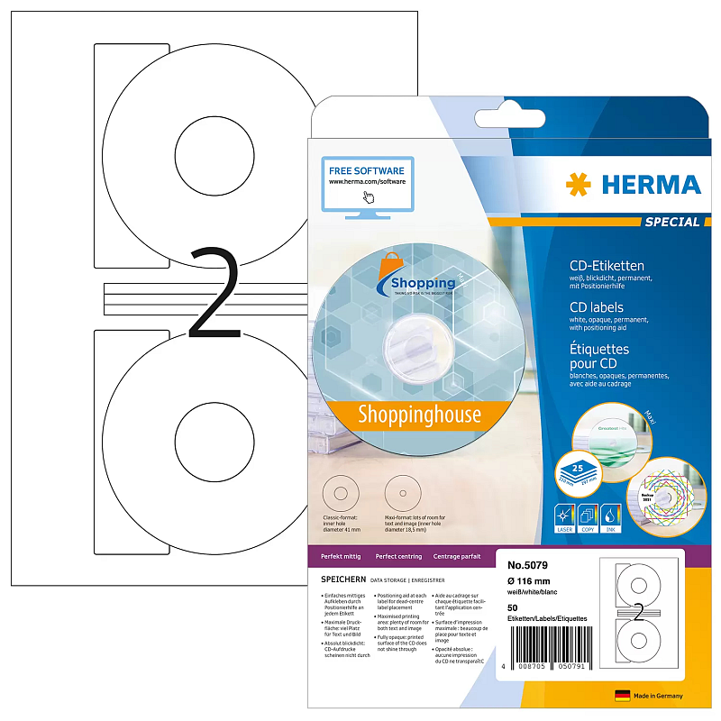 HERMA CD-Etiketten A4 Ø 116 mm weiß Papier matt blickdicht 50 St.