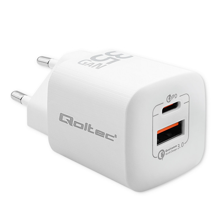 Qoltec 50763 Ladegerät für Mobilgeräte Laptop, Tragbare Spielekonsole, Powerbank, Smartphone, Smartwatch, Tablets Weiß AC Schnellladung Drinnen