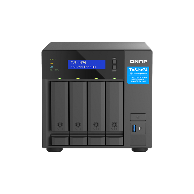 QNAP TVS-H474 NAS Tower Intel® Pentium® G7400 8 GB DDR4 0 TB QuTS hero Schwarz