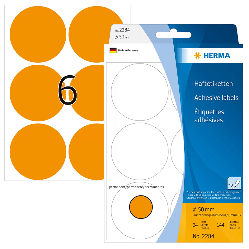 HERMA Vielzwecketiketten/Farbpunkte Ø 50 mm rund leuchtorange Papier matt Handbeschriftung 144 St.
