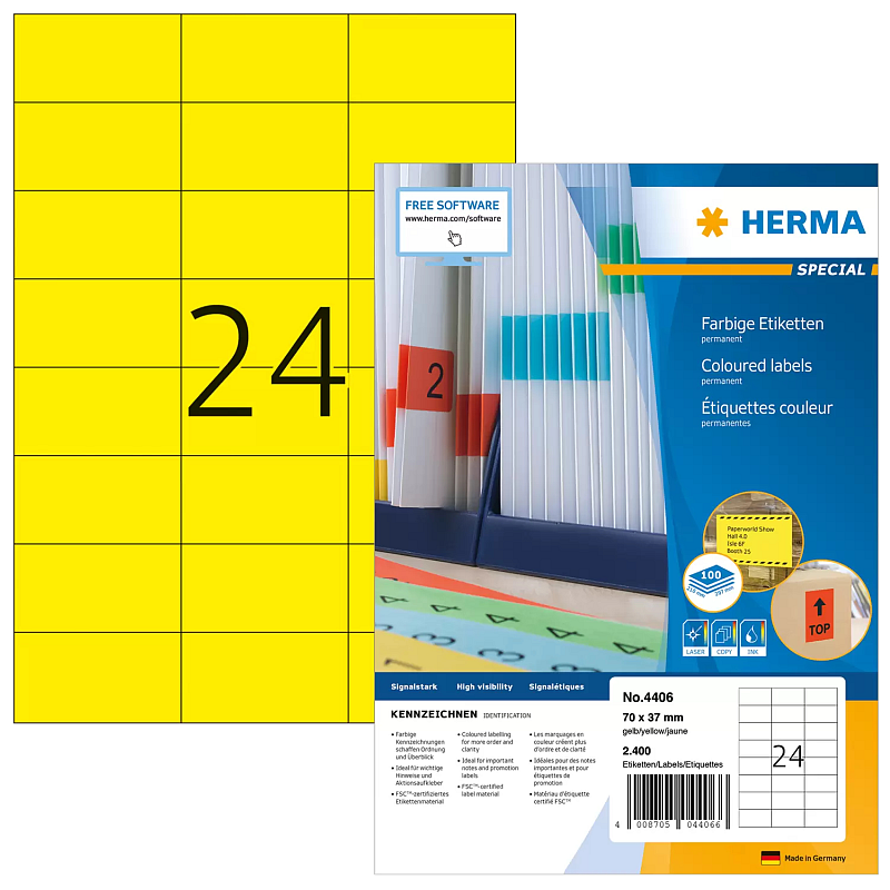 HERMA Farbige Etiketten A4 70x37 mm gelb Papier matt 2400 St.