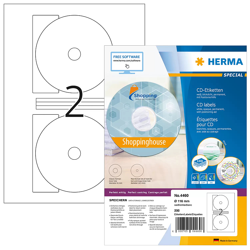HERMA CD-Etiketten Maxi A4 Ø 116 mm weiß Papier matt blickdicht 200 St.