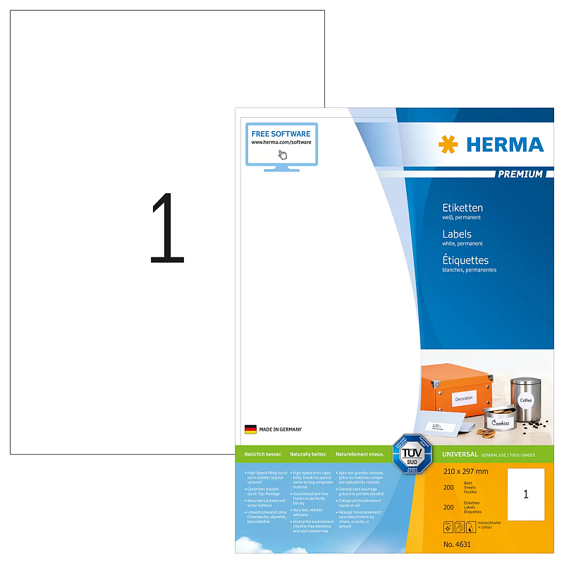 HERMA Etiketten Premium A4 210x297 mm weiß Papier matt 200 St.