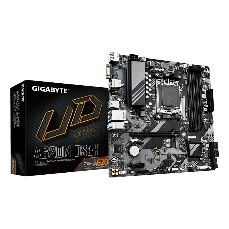 GIGABYTE A620M DS3H Motherboard - Unterstützt AMD Ryzen 8000 CPUs, 5+2+2 Phasen Digital VRM, bis zu 7600MHz DDR5 (OC), 1xPCIe 4.0 M.2, GbE LAN, USB 3.2 Gen 1