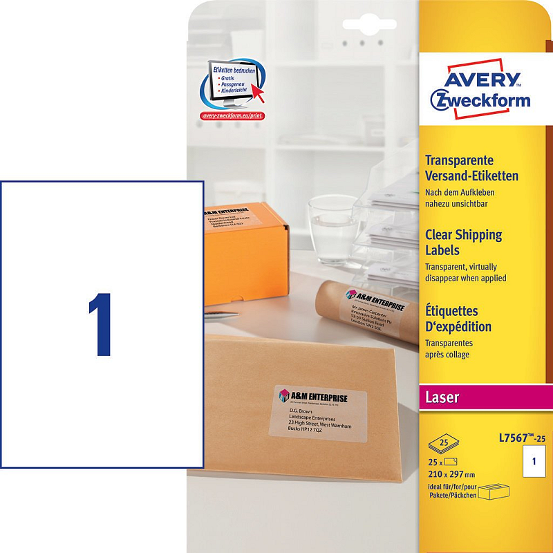 Avery L7567-25 selbstklebendes Etikett Abgerundetes Rechteck Permanent Transparent 25 Stück(e)