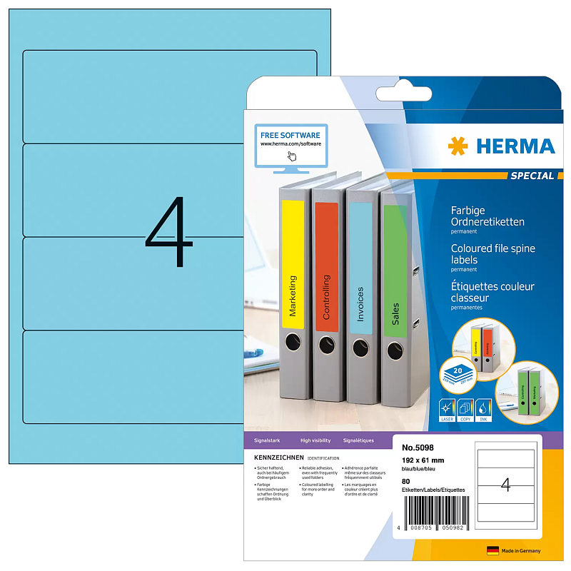 HERMA Ordneretiketten A4 192x61 mm blau Papier matt blickdicht 80 St.