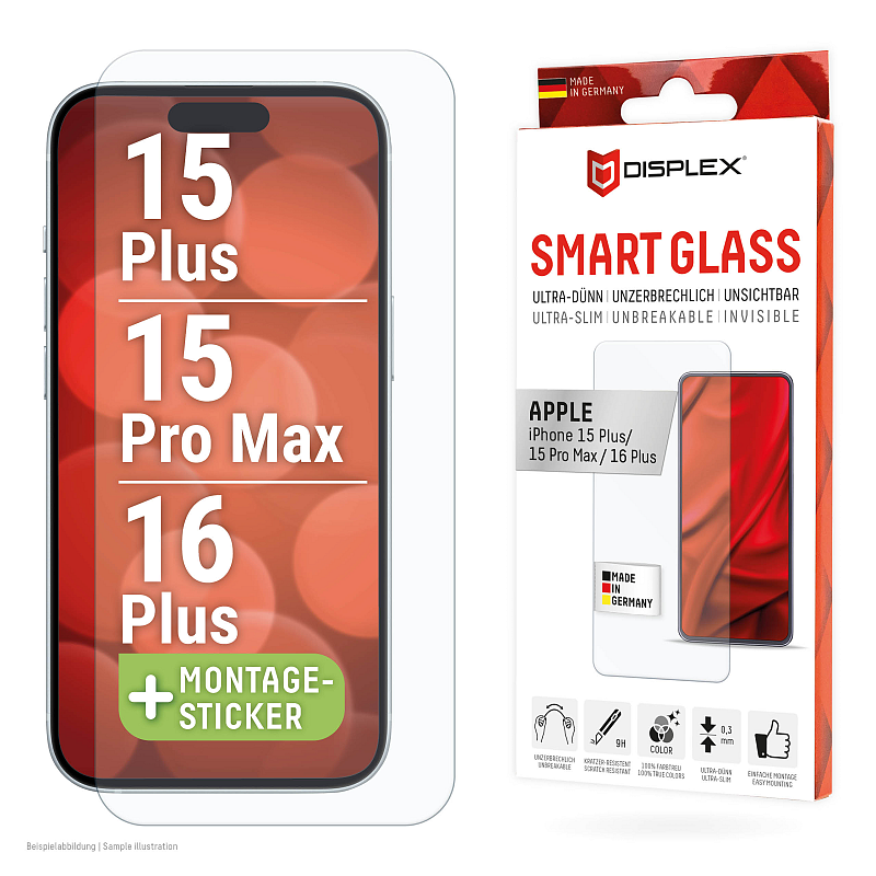 Displex Smart Glass (9H) für Apple iPhone 15 Plus/15 Pro Max/16 Plus, Montagesticker, unzerbrechlich