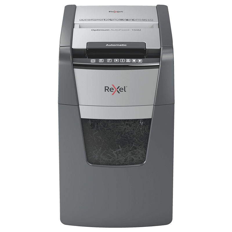 Rexel Optimum AutoFeed+ 150M Aktenvernichter Mikrogeschnittene Zerkleinerung 55 dB 22 cm Schwarz, Grau
