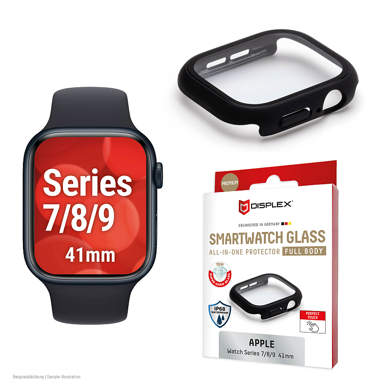 Displex 10H Panzerglas für Apple Watch 9/8/7 (41mm), Full Body Schutz, IP68, Snap-On, matt-schwarz