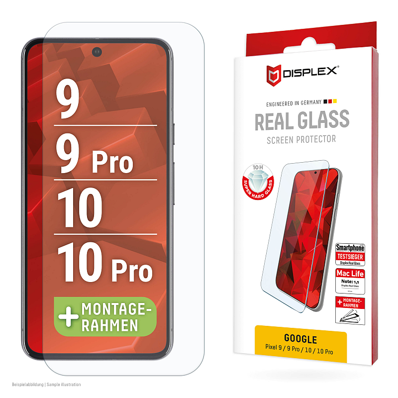 Displex Panzerglas (10H, 2D) für Pixel 9, Pixel 9 Pro, Pixel 10, Pixel 10 Pro, Eco-Montagerahmen, kratzer-resistent