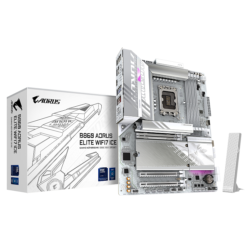 GIGABYTE B860 AORUS ELITE WIFI7 ICE Mainboard - Intel Core Ultra CPUs, 14+1+2+1 Phasen VRM, bis zu 9200MHz DDR5, 1xPCIe 5.0 + 2xPCIe 4.0 M.2, 2,5 GbE LAN, WIFI 7, USB 4