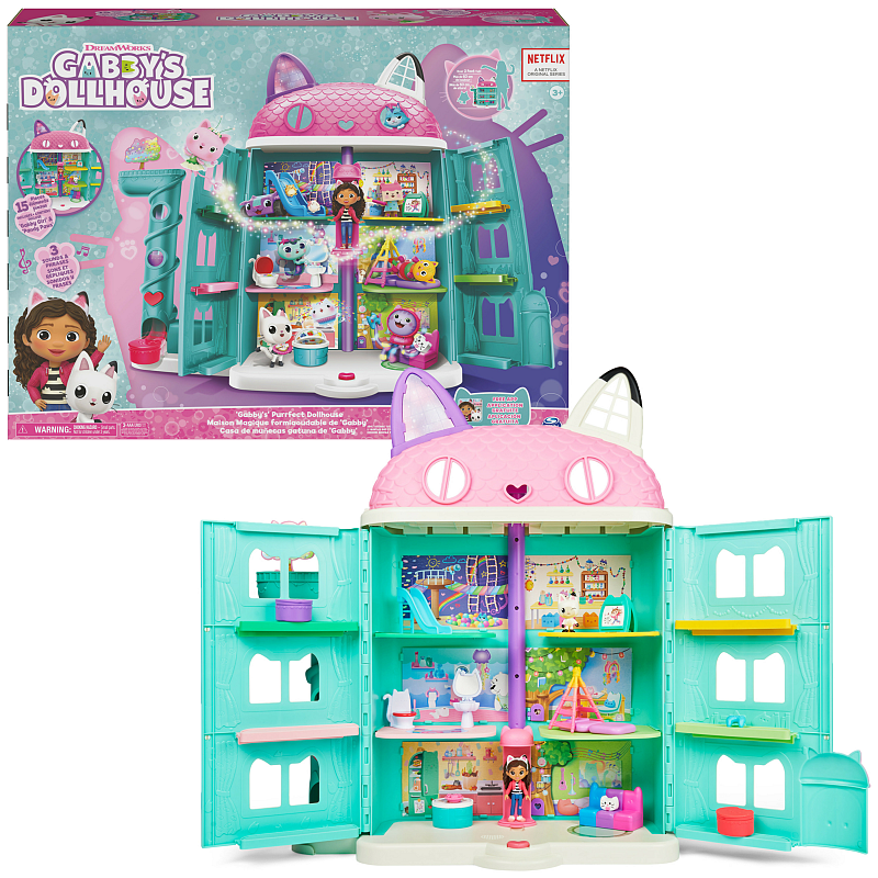 Gabby's Dollhouse Dreamworks - über 60cm großes Purrfect Puppenhaus mit 2 Spielzeugfiguren und viel Zubehör
