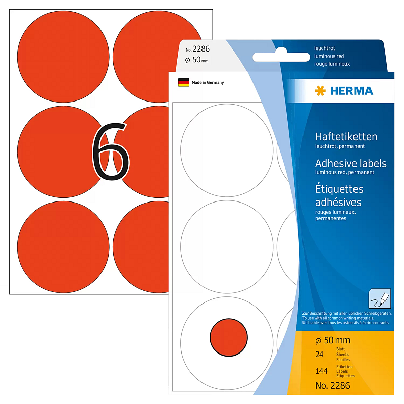 HERMA Vielzwecketiketten/Farbpunkte Ø 50 mm rund leuchtrot Papier matt Handbeschriftung 144 St.