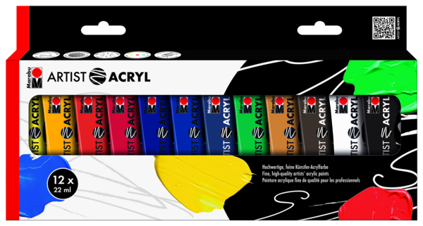 Marabu 1220000000092 Acrylfarbe 22 ml Schwarz, Blau, Braun, Grün, Rot, Vermilion, Violett, Weiß, Gelb Tube