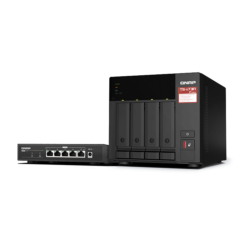 QNAP TS-473A + QSW-1105-5T Bundle Pack NAS Tower Ryzen Embedded V1500B 8 GB DDR4 0 TB QNAP Turbo System Schwarz