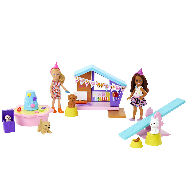 Barbie Chelsea Feierspaß-Puppen und Spielset mit 2 kleinen Puppen, Hundehütte, Welpen und mehr als 15 Accessoires