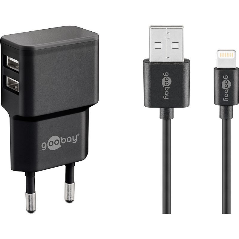 Goobay Apple Lightning Dual-Ladeset (12 W), Netzteil mit 2x USB-Anschlüssen, Apple Lightning-Kabel, 1 m, schwarz