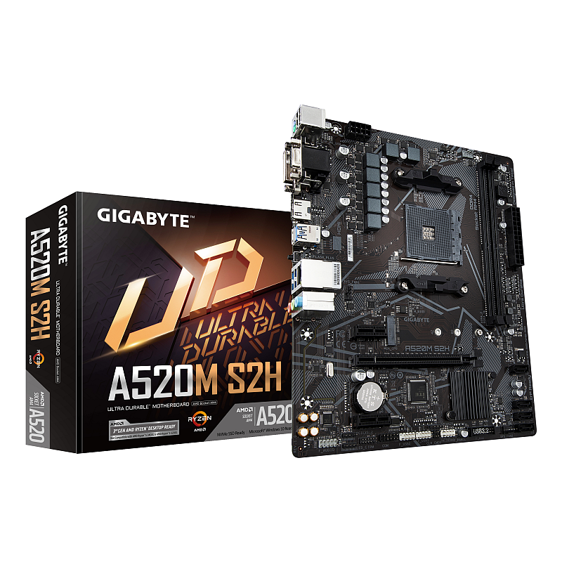 GIGABYTE A520M S2H Mainboard - Unterstützt AMD Ryzen 5000 Serie AM4 CPUs, 4+3 Phasen reines digitales VRM, bis zu 5100MHz DDR4 (OC), PCIe 3.0 x4 M.2, GbE LAN, USB 3.2 Gen 1