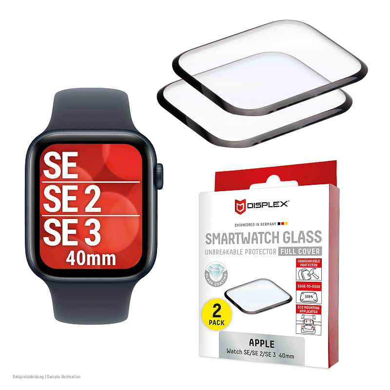 Displex Unzerbrechliches Full Cover Smart Glass Apple Watch SE3/SE2/SE2 (40mm), 2 Stück, Edge-to-Edge, Anti-Fingerprint
