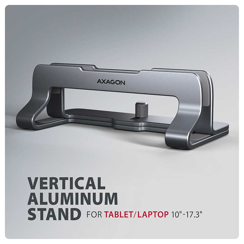 Axagon STND-VG Aluminiumständer für die vertikale Platzierung von Laptops mit einer Größe von 10"–17.3". Einstellbare Schlitzbreite 9.5–25.5 mm. Graue Version.