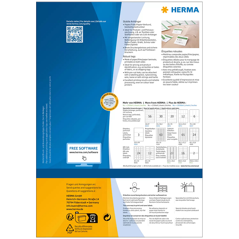 HERMA Stabile Anhänger A4 30x37 mm weiß Papier/Folie/Papier perforiert nicht klebend 5600 St.