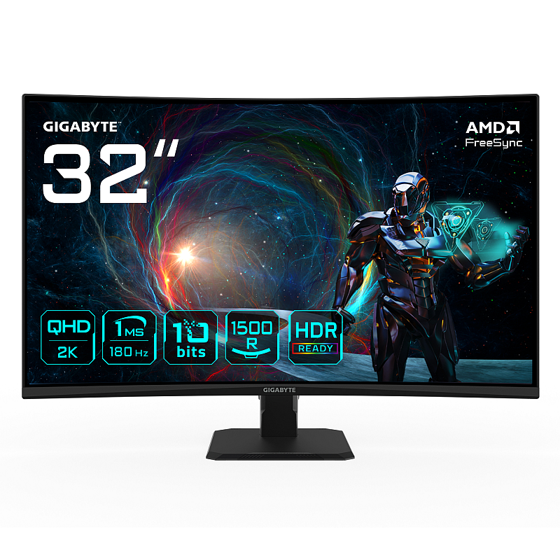 GIGABYTE GS32QCA 31,5" QHD Curved Gaming Monitor - 2560 x 1440, 180Hz, 1ms, 250 cd/m², FreeSync, HDR Ready, HDMI 2.0, Displayport 1.4