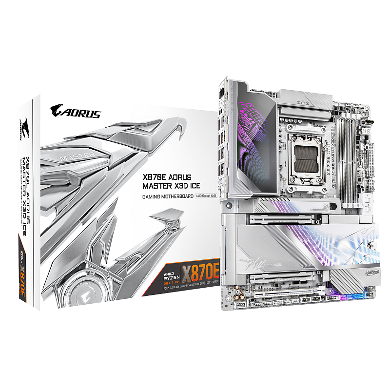 GIGABYTE X870E AORUS MASTER X3D ICE Mainboard – Unterstützt AMD Ryzen 9000 Prozessoren, 18+2+2-Phasen Digital-VRM, bis zu 9000 Hz DDR5 (OC), 2 x PCIe 5.0 + 3 x PCIe 4.0, Wi-Fi 7, 10 GbE LAN, USB 4