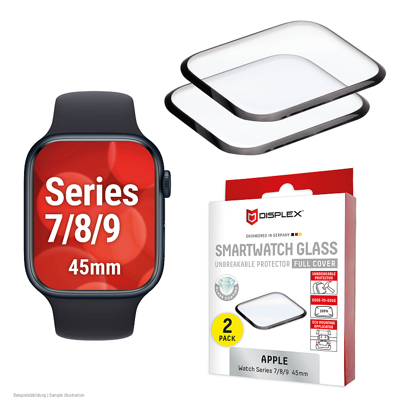 Displex Unzerbrechliches Full Cover Smart Glass Apple Watch 9/8/7 (45mm), 2 Stück, Edge-to-Edge, Anti-Fingerprint