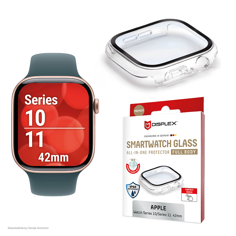 Displex 10H Panzerglas für Apple Watch 11/10 (42mm), Full Body Schutz, IP68, Snap-On, transparent