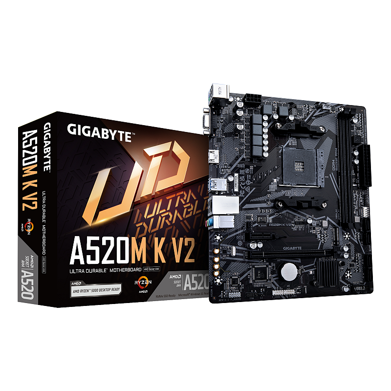 GIGABYTE A520M K V2 Mainboard - Unterstützt AMD Ryzen 5000 Serie AM4 CPUs, bis zu 5100MHz DDR4 (OC), PCIe Gen3 x4 M.2, GbE LAN, USB 3.2 Gen 1