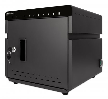 Manhattan 10-Port Ladeschrank 180 W, 10 USB-C PD-Ports, geräumige Fächer für Handys und Tablets, 180 W gesamt, bis zu 3 A/18 W pro Port, abschließbar, Überspannungsschutz, leiser Lüfter, Metallgehäuse, schwarz