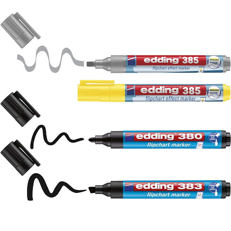 Edding 385 Flipchartmarker schwarz, schwarz, gelb, silbergrau, Pinsel-, Keil-, Rundspitze 4er Set