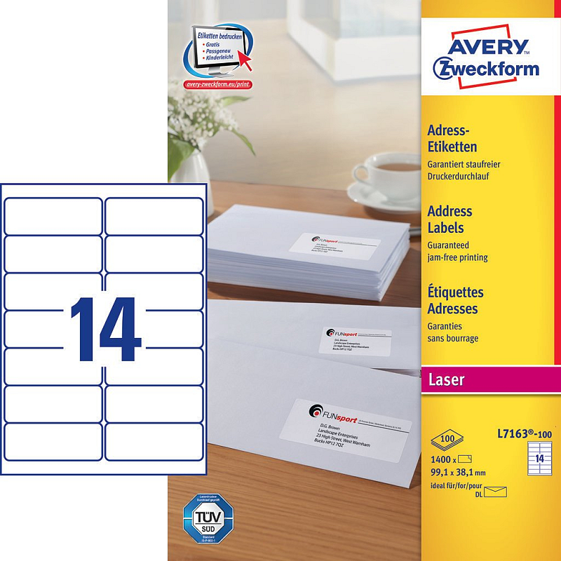 Avery L7163-100 selbstklebendes Etikett Abgerundetes Rechteck Permanent Weiß 1400 Stück(e)