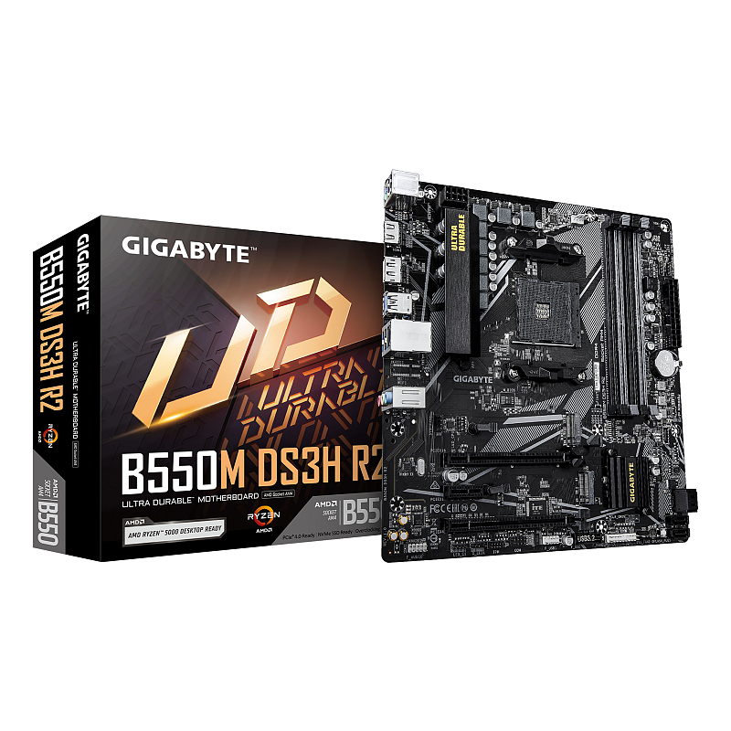 GIGABYTE B550M DS3H R2 Mainboard – AMD Ryzen 5000 Prozessoren, 5+3 Phasen VRM, bis zu 4733 MHz DDR4 (O.C.), 1x PCIe 4.0 + 1x PCIe 3.0 M.2, 1 GbE LAN, USB 3.2 Gen 1