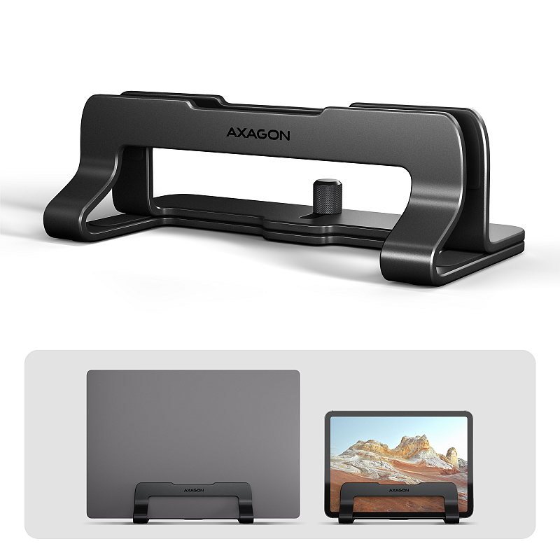 Axagon STND-VB Aluminiumständer für die vertikale Platzierung von Laptops mit einer Größe von 10"–17.3". Einstellbare Schlitzbreite 9.5–25.5 mm. Schwarze Version.