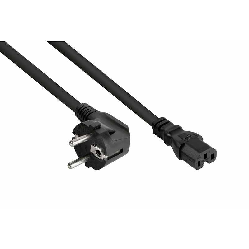 Kabelmeister Netzkabel Schutzkontakt-Stecker Typ E+F (90° gew.) an Warmgeräte-Buchse C15, schwarz, 1,00mm², 1m