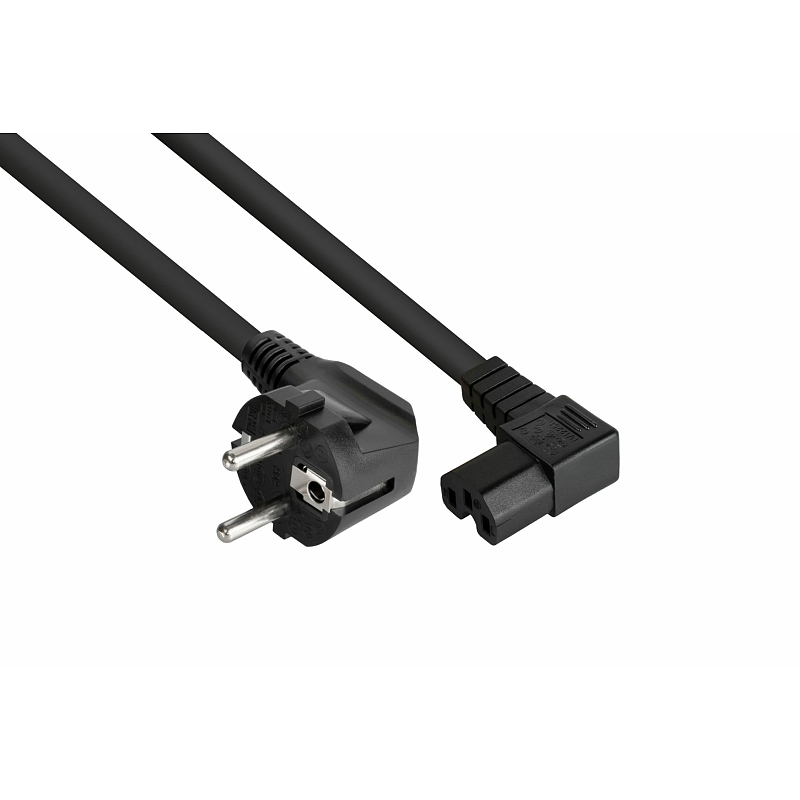 Kabelmeister Netzkabel Schutzkontakt-Stecker Typ E+F (90° gew.) an Warmgeräte-Buchse C15 (r. gew.), schwarz, 1,50mm², 3m