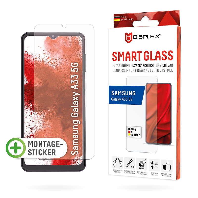 Displex Smart Glass (9H) für Samsung Galaxy A33 5G, Montagesticker, unzerbrechlich, ultra-dünn, unsichtbar