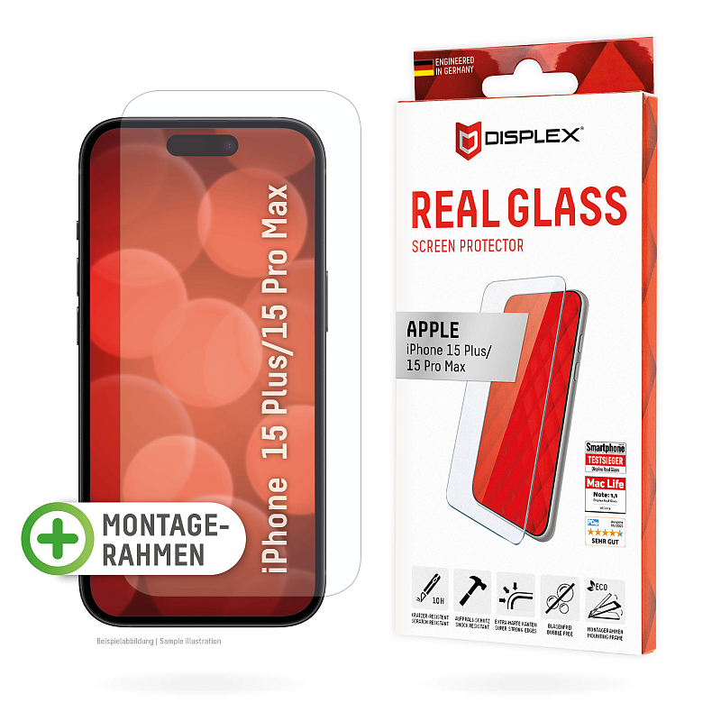 Displex Panzerglas (10H, 2D) für Apple iPhone 15 Plus/15 Pro Max, Eco-Montagerahmen, kratzer-resistent