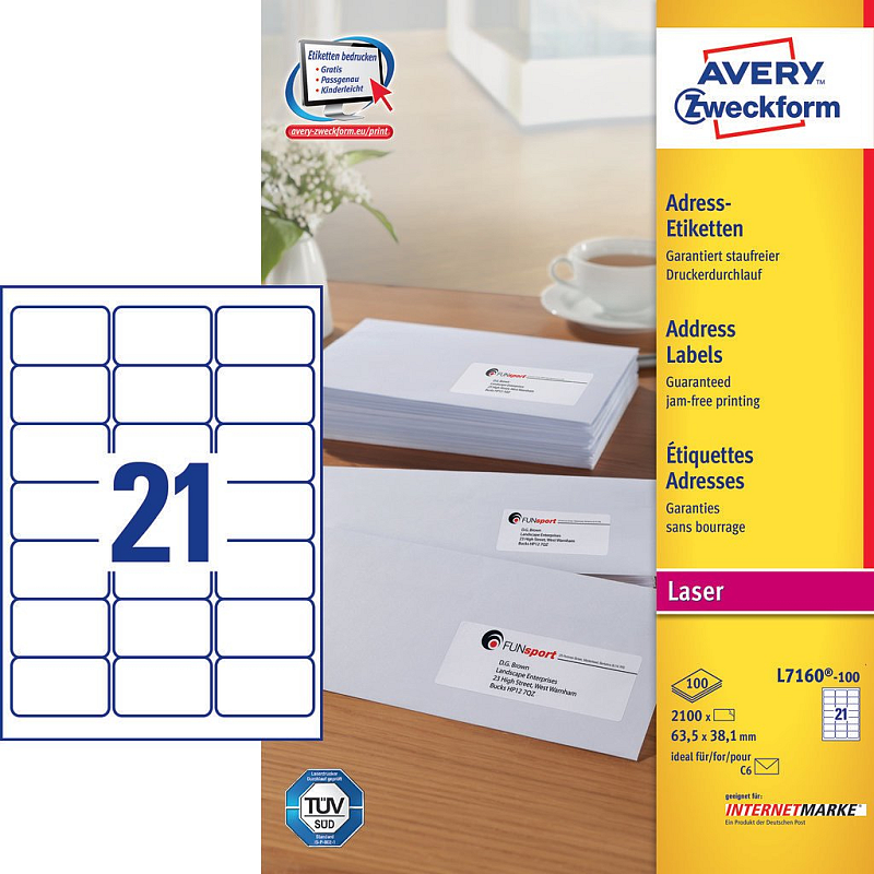 Avery L7160-100 selbstklebendes Etikett Abgerundetes Rechteck Permanent Weiß 2100 Stück(e)
